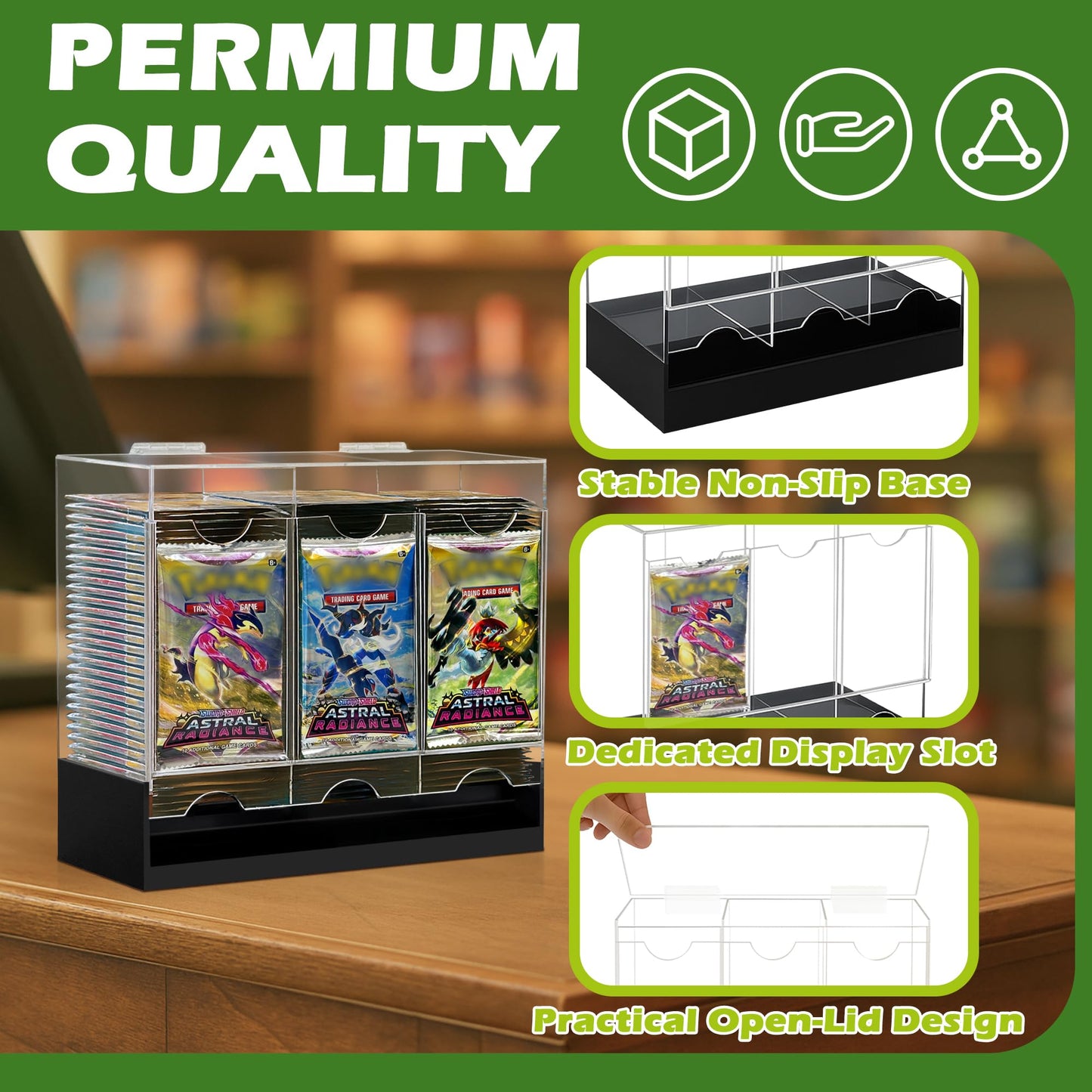 Verssure 3-Slot Booster Pack Dispenser with Non-Slip Base Acrylic Card Pack Dispenser Fits 120 Booster Packs for Dispensing Card Holders Storage Case for Trading Card Packs and Sports Card