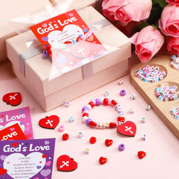 48 Pack Christian Valentines Crafts Gift, 24 Religious Valentine Cards, 24 Set Heart Beaded Bracelets with God's Love for Sunday