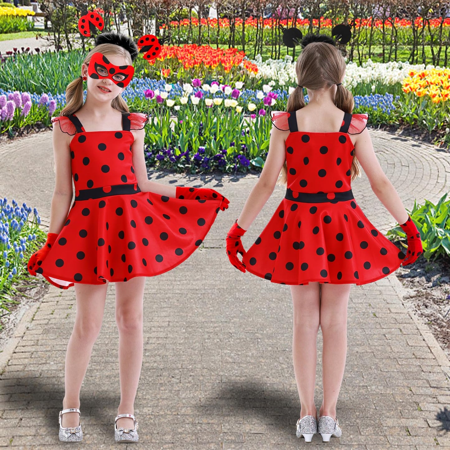 Girls Costume Polka Dots Dress Up Carnival Costume Birthday Outfit Christmas Party Cosplay Mask Gloves Headdress For Kids 110