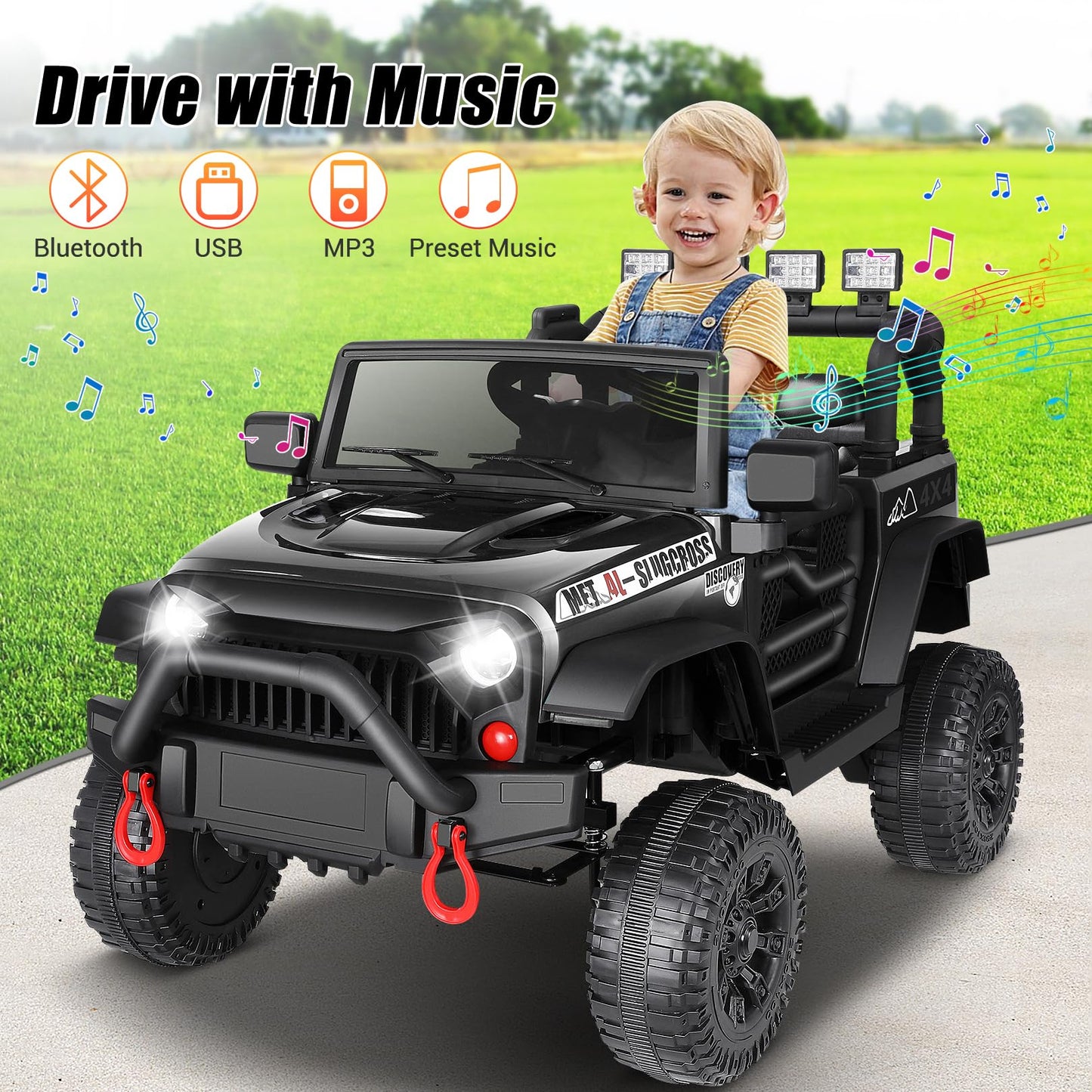 Hikole 12V Electric Car for Kids to Drive  Battery Car for Kid  Kids' Electric Vehicles  Powered Wheels with Remote  Bluetooth Music Dual Steering Shock Led Lights Safety Belt for Boy Girl 1 Seater