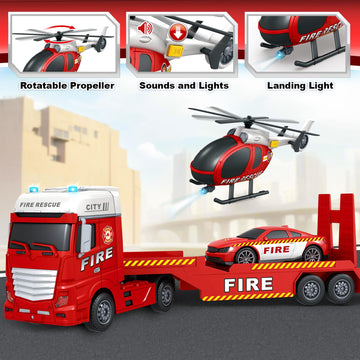 Bstoyder Toddler Boy Toys for 3 4 5 6 7 Years Old Kids, 25'' Semi Fire Truck Toy with Racing Car and Helicopter, Friction Powere