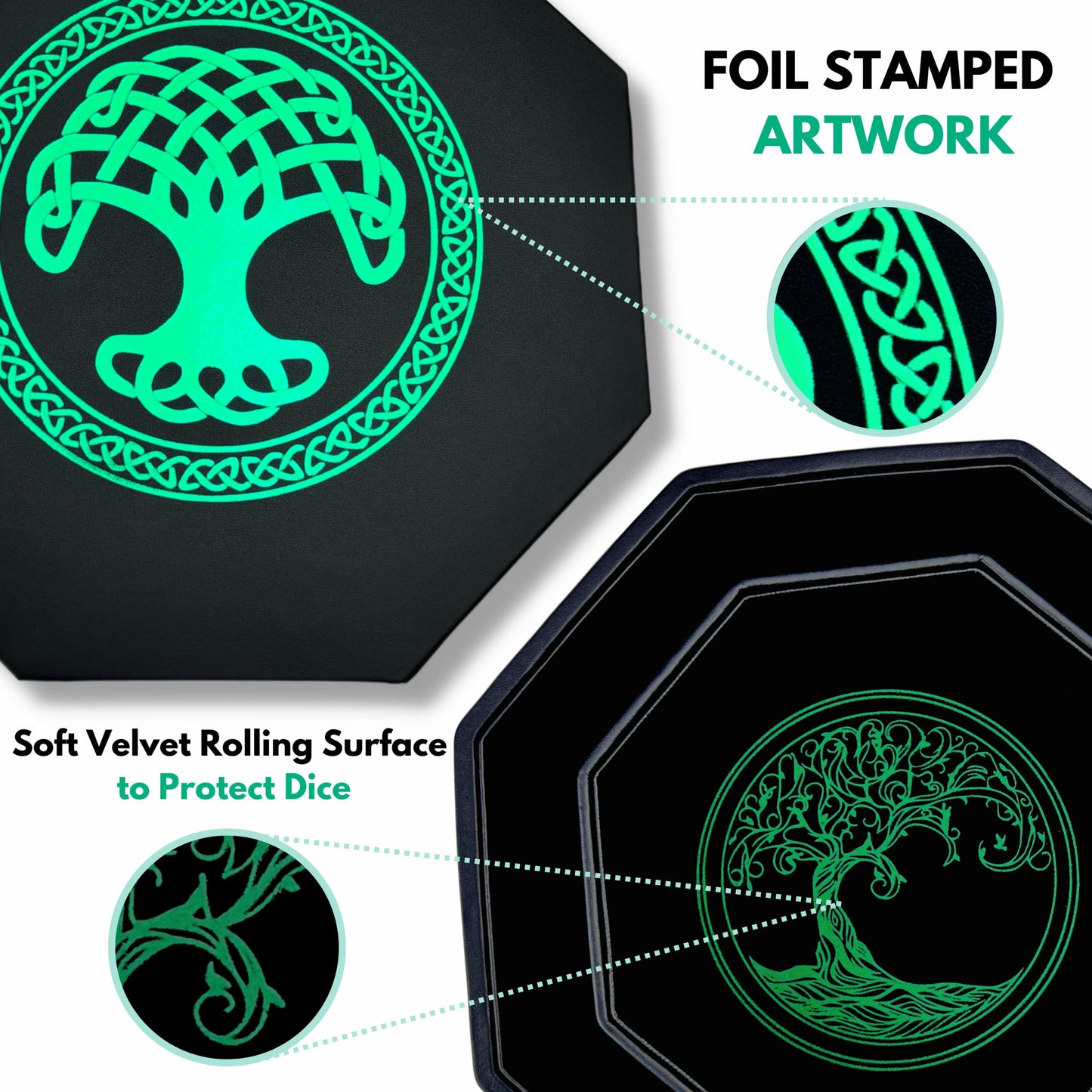 Luck Lab 8 Inch Dice Tray - Green - with Lid and Dice Staging Area for RPG Table Top Gaming- Tree of Life Design