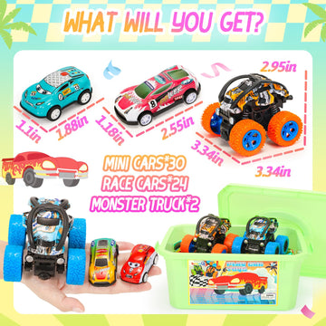 SevenQ Toy Cars for Kids Ages 4-8, 56Pcs Monster Truck Toys Pull Back Cars with Storage Box, Race Cars Party Favors for Toddler