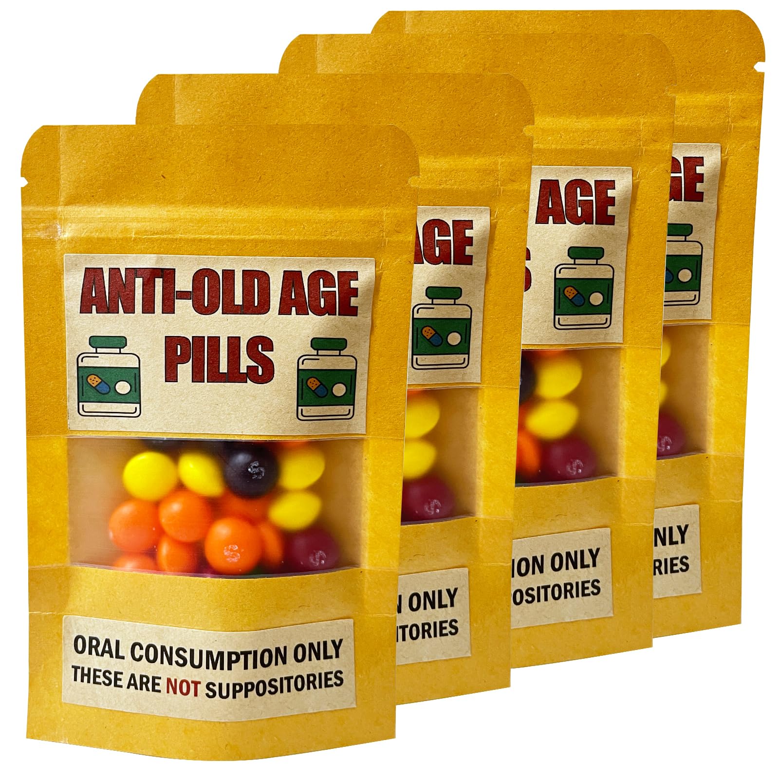 PHAWNGU 4 Pack Funny Anti-Old Age Pills (Empty Pouch) - Gag Gift for Seniors, Over The Hill Birthday, Retirement Party Favor, Jo