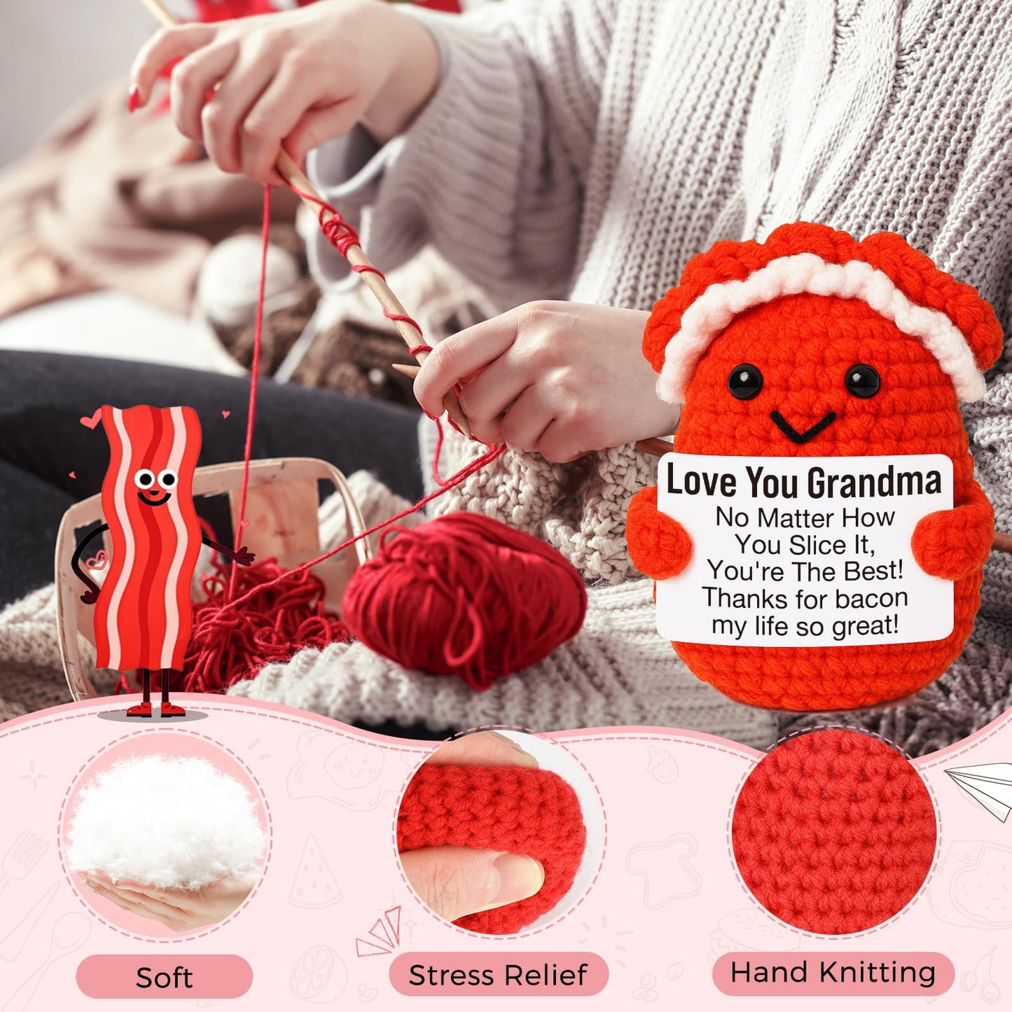 Mini Birthday Grandma Gifts from Granddaughter Grandson Christmas Thanksgiving Day Gift for Grandma Cute Handmade Crochet Bacon
