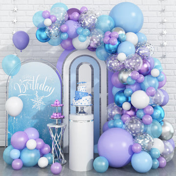 Frozen Balloon Arch Kit,Light Blue Purple White Balloon Garland With Silver Confetti Balloon,Metallic Blue Purple Balloon Decora