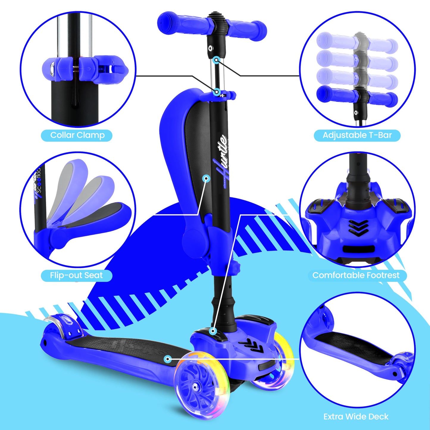 Hurtle 3-Wheeled Kids Scooter - Adjustable Lean-to-Steer Handlebar, Wheel LED Lights, Foldable Seat, Blue, One Size, Model HURFS56
