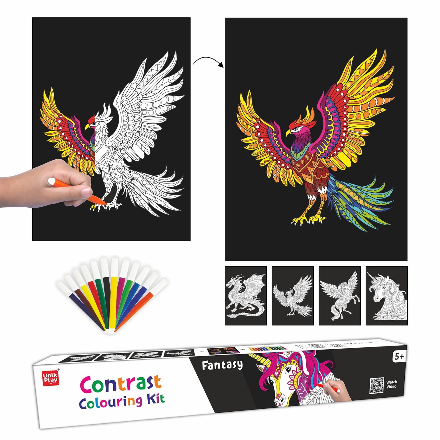 Unikplay Contrast Colouring Kit For Kids | 4 Giant Colouring Posters & 12 Sketch Pens | Diy Art And Craft Set | Birthday & Retur