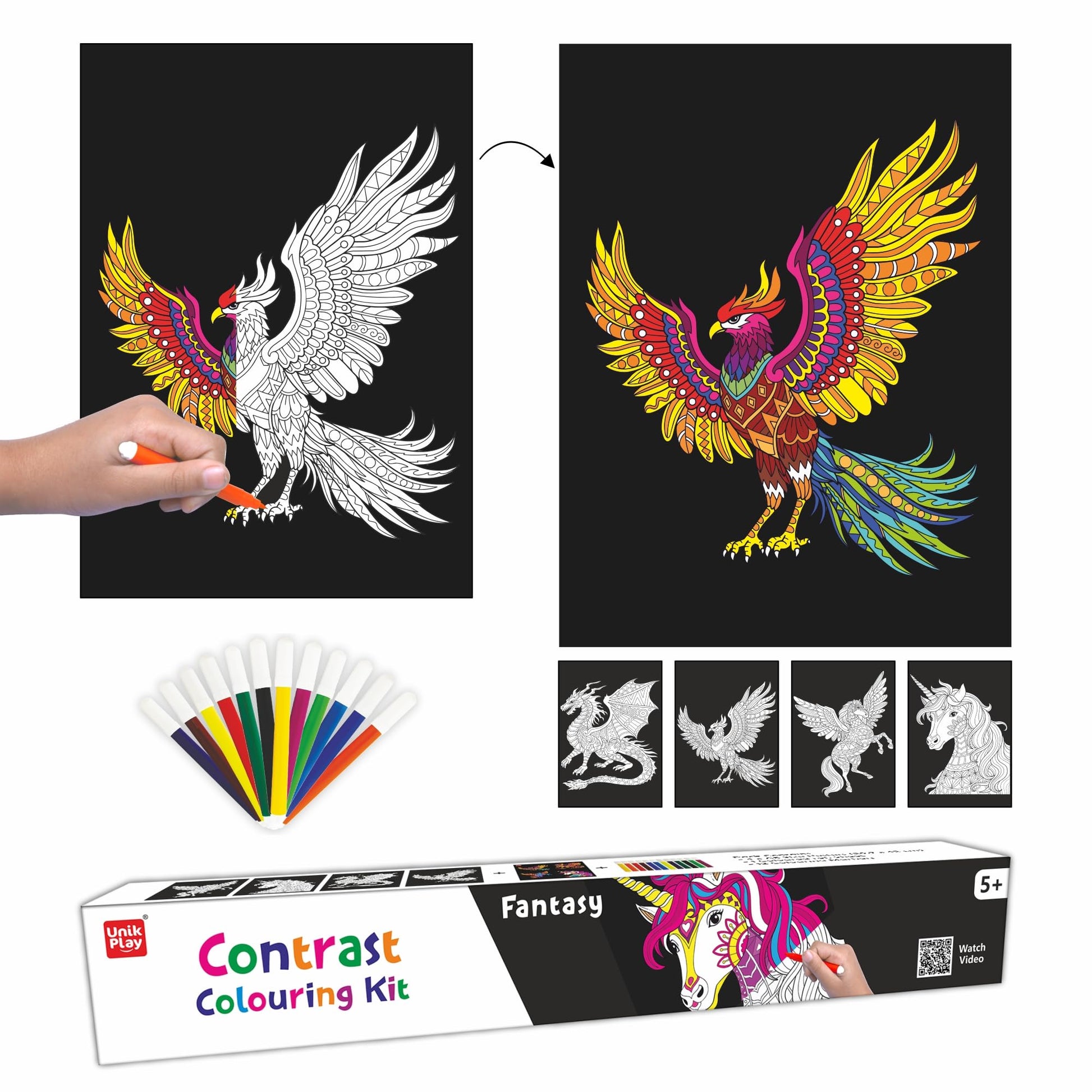 Unikplay Contrast Colouring Kit For Kids | 4 Giant Colouring Posters & 12 Sketch Pens | Diy Art And Craft Set | Birthday & Retur