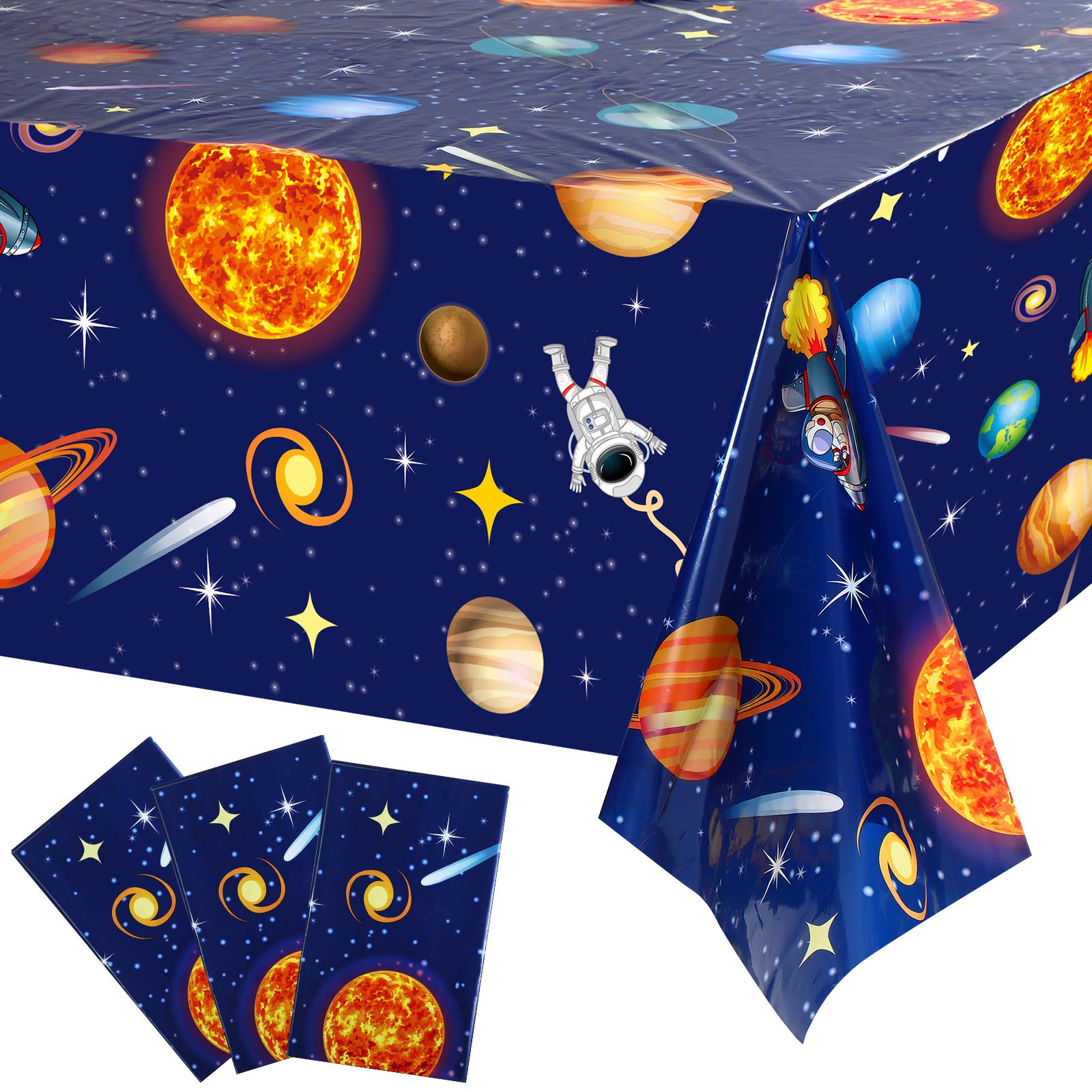 3 Pieces Space Tablecloth Decorations Plastic Outer Solar System Table Cover Planet Design for Kids Space Theme Birthday Party D