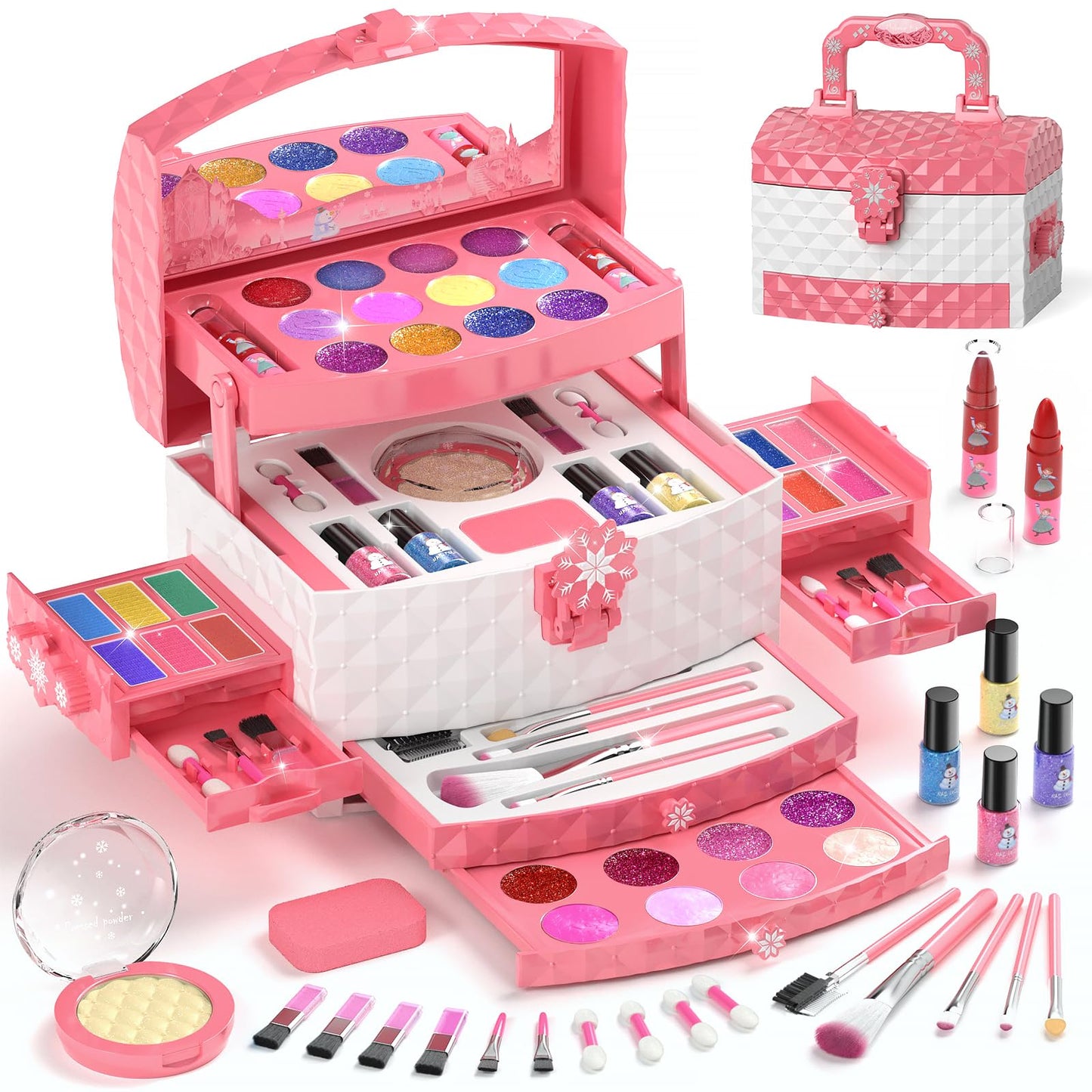 PERRYHOME Kids Makeup Set for Girl 56 Pcs Washable Real Cosmetic, Safe & Non-Toxic Frozen Toys Toddler Makeup Kit, Frozen Prince