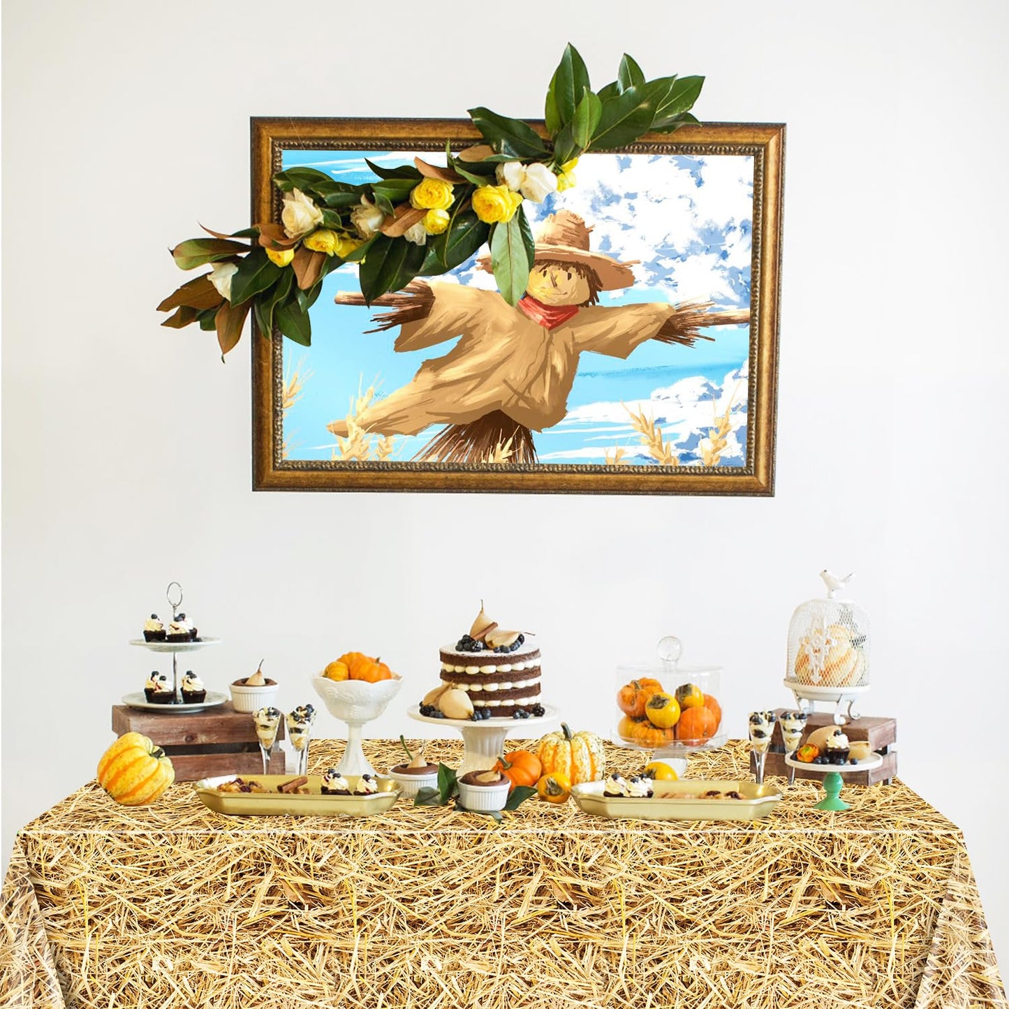 PTECDROTS 4Pcs Straw Tablecovers, Westtern Theme Birthday Tablecloths Plastic Farm Hay Table Cloths for Cowboy Western Party Sup