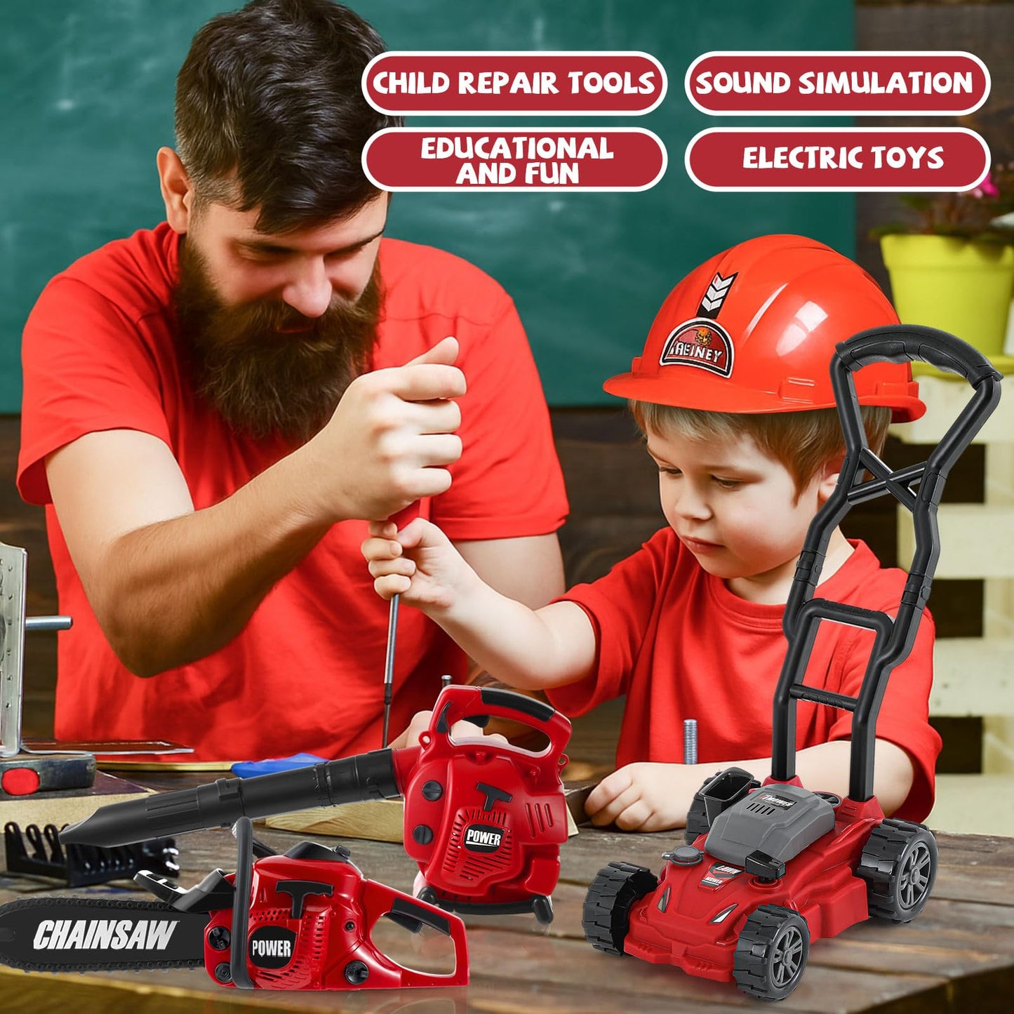 Arrowbash 4 Pcs Toy Gardening Tool Set for Kids Toy Leaf Blower Chainsaw Hedge Trimmer Push Lawn Mower Battery Play Set Christmas Birthday Party Gift for Boys Girls