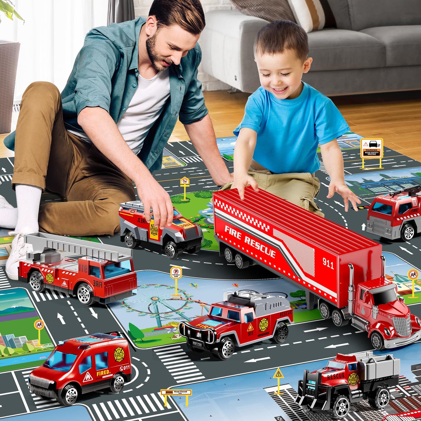 Niplooow Fire Toys For 3 4 5 6 Years Old Boys Girls Kids, Die Cast Metal Fire Truck Toys W/Play Mat, Rescue Emergency Fire Truck