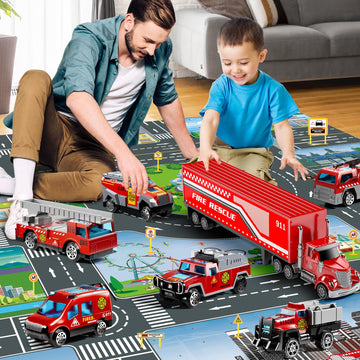 Niplooow Fire Toys For 3 4 5 6 Years Old Boys Girls Kids, Die Cast Metal Fire Truck Toys W/Play Mat, Rescue Emergency Fire Truck