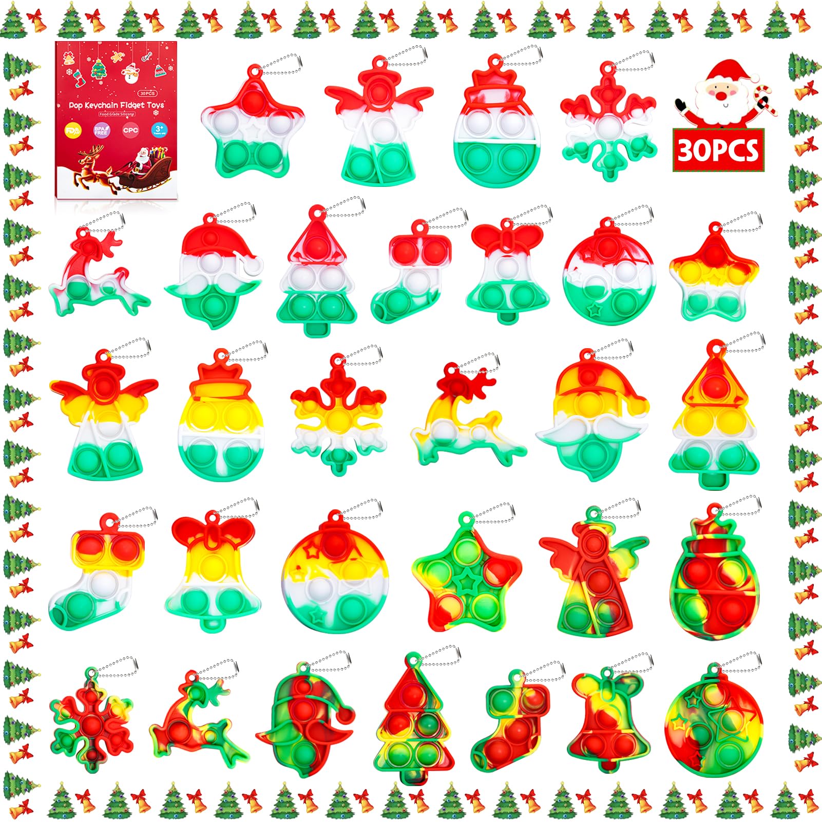 Christmas Pop Fidget Toys Bulk Its Christmas Party Favors for Kids 30 Pack Mini Pop Keychain It Stocking Stuffers for Kids Goodi