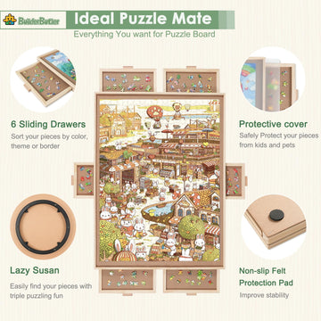 Builderbutler 2000 Pieces Rotating Puzzle Board With 6 Drawers,29.7''X41.3'' Portable Wooden Jigsaw Puzzle Table With Lazy Susan