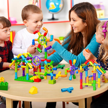 Burgkidz Stem Learning Pipe Tube Toy, Sensory Toys, Tube Locks Construction Building Blocks, Educational Stem Building Learning Toys With Wheels Baseplate For All Ages Kids Boys Girls, 188 Pcs