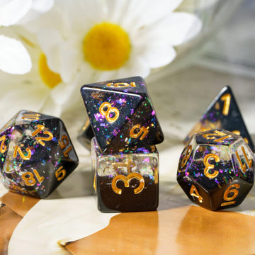 HDdais Resin DND Dice Set, 7PCS Black Polyhedral Dice Set D&D Filled with Colorful Foil for Dungeons and Dragons Role Playing Ga