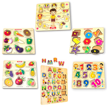 Bugbee Wooden Puzzle Games For Kids Combo Of Shapes Number Alphabets Body Parts Fruits & Vegetable Puzzle Toys For 2-6 Years Pre
