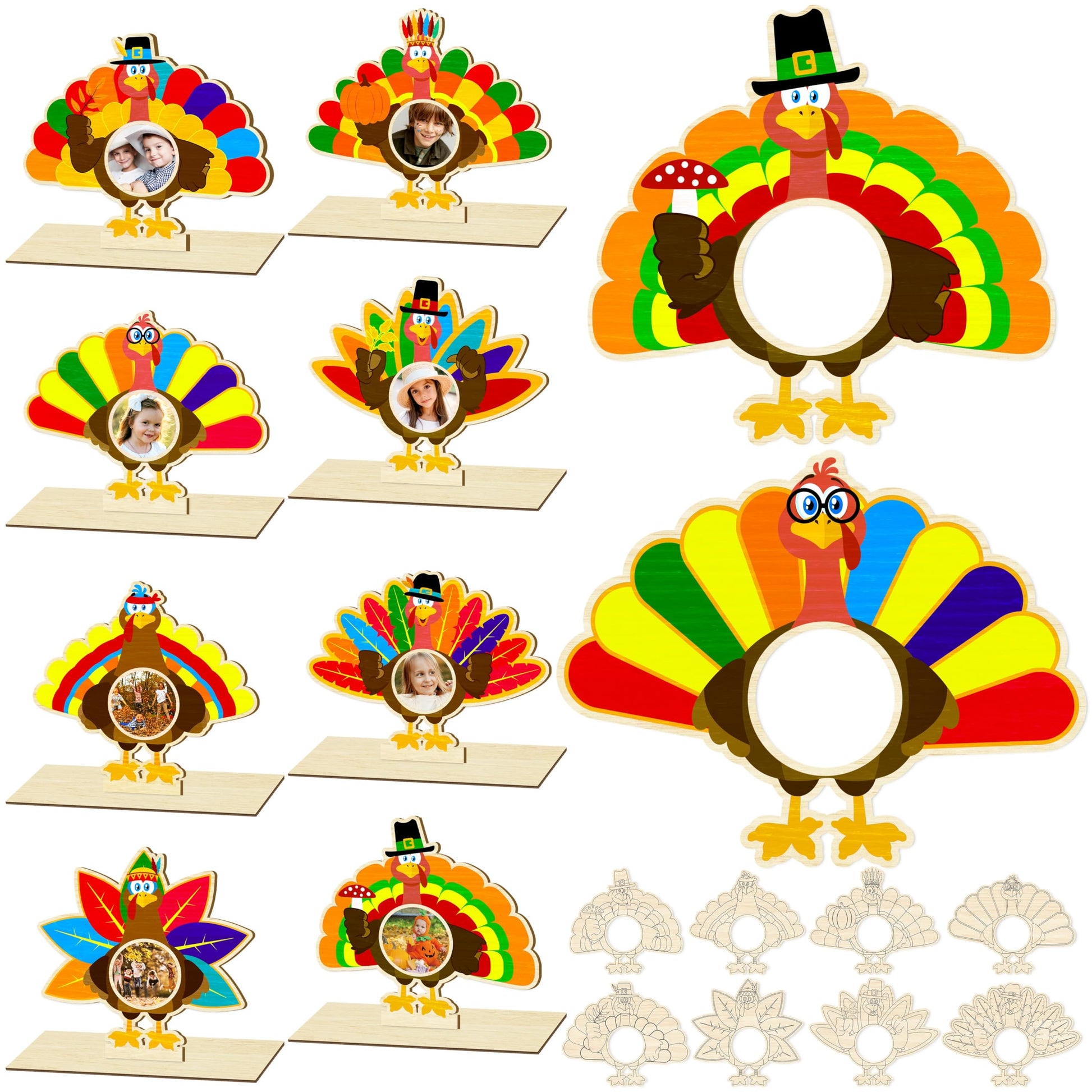 Moon Boat 16Pcs Thanksgiving Crafts Wooden Turkey Picture Frame DIY Painting Arts Kit Fall Party Favors Classroom Activities Tab