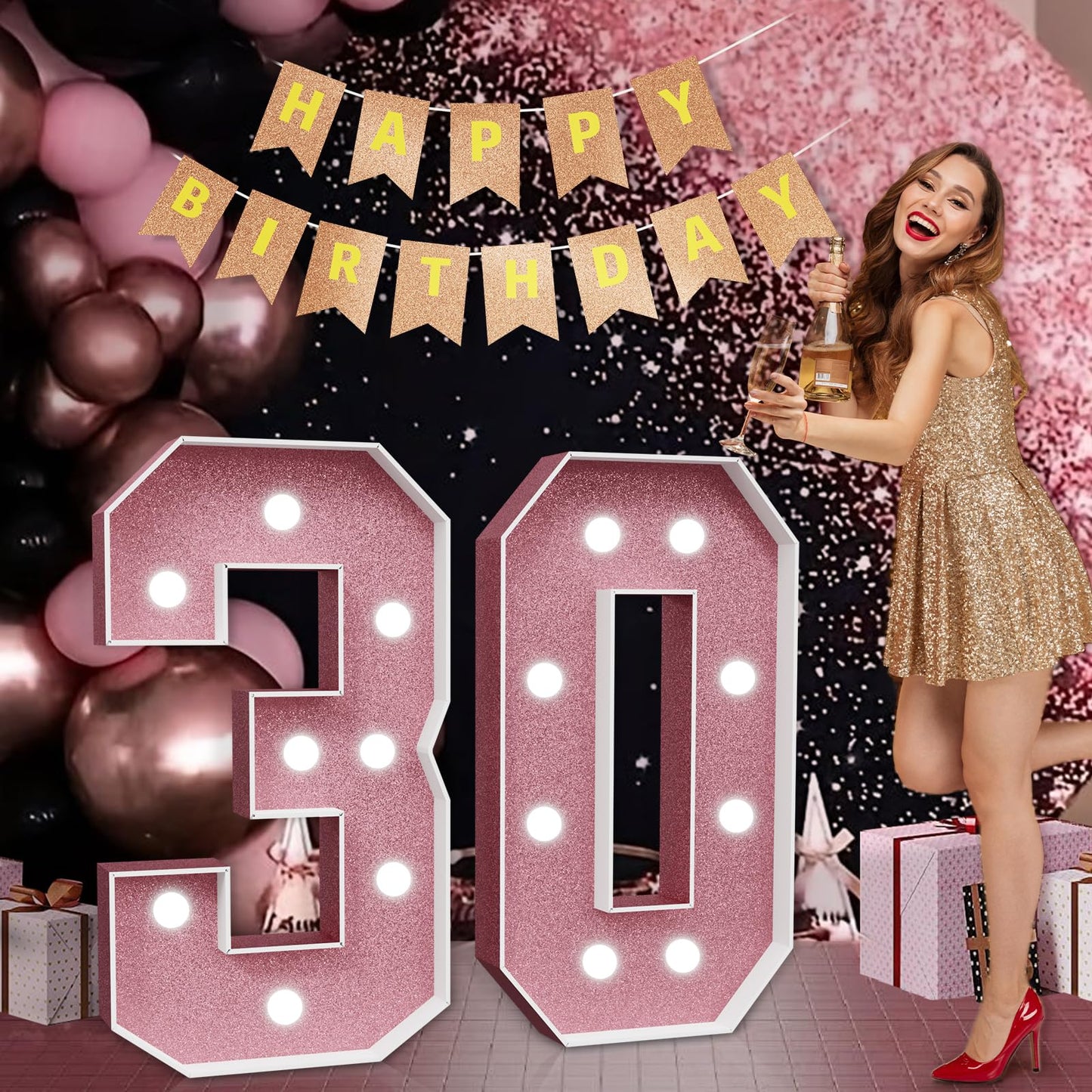 Imprsv Marquee Numbers Pink 30Th-Birthday Decorations: Large 3Ft Light Up Number Rose Gold 30 Birthday Decoration For Women Men