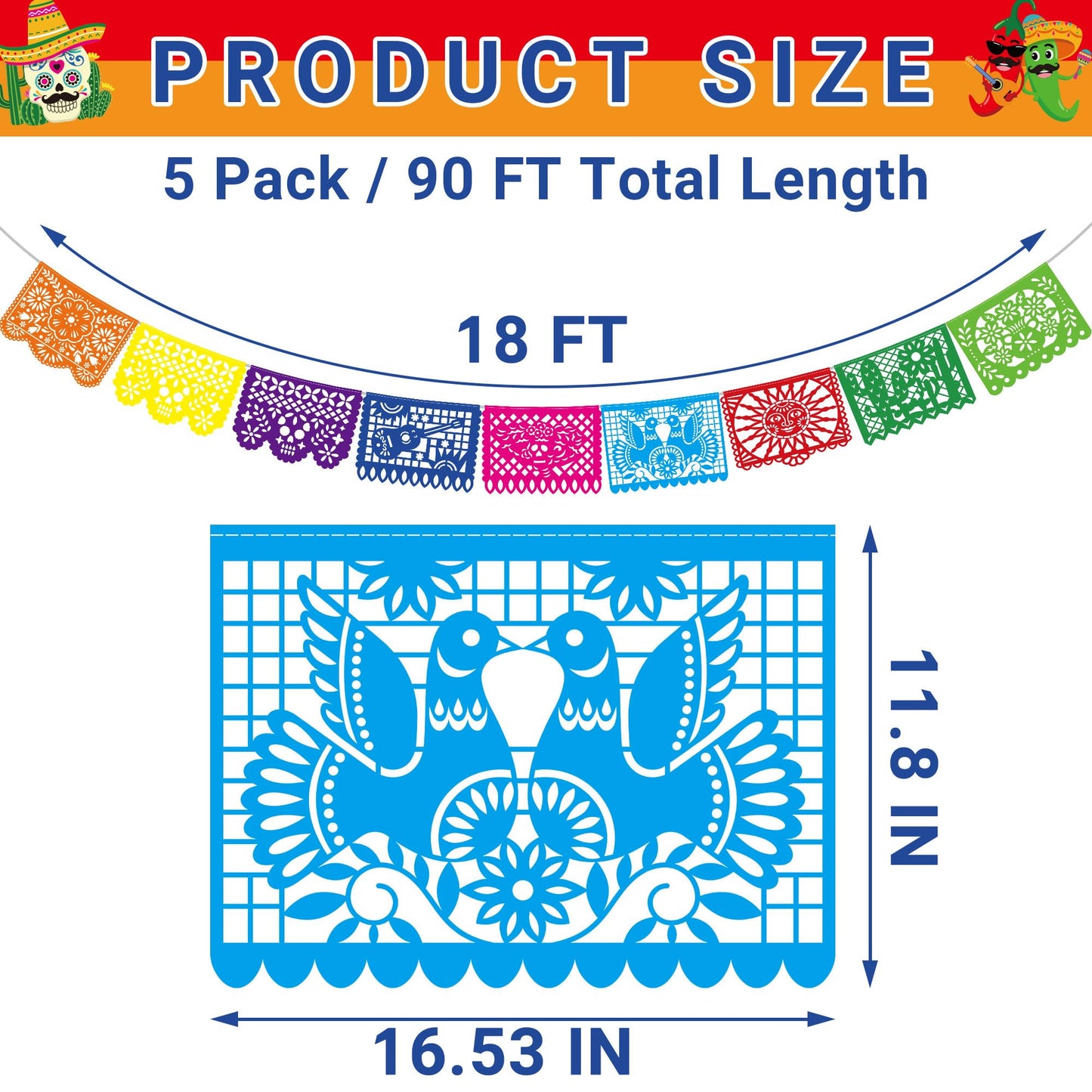 Heartome 90 FT Colorful Fiesta Party Decorations - 5 Pack Large Plastic Papel Picado Banner for Cinco De Mayo & Dia De Los Muertos Decor