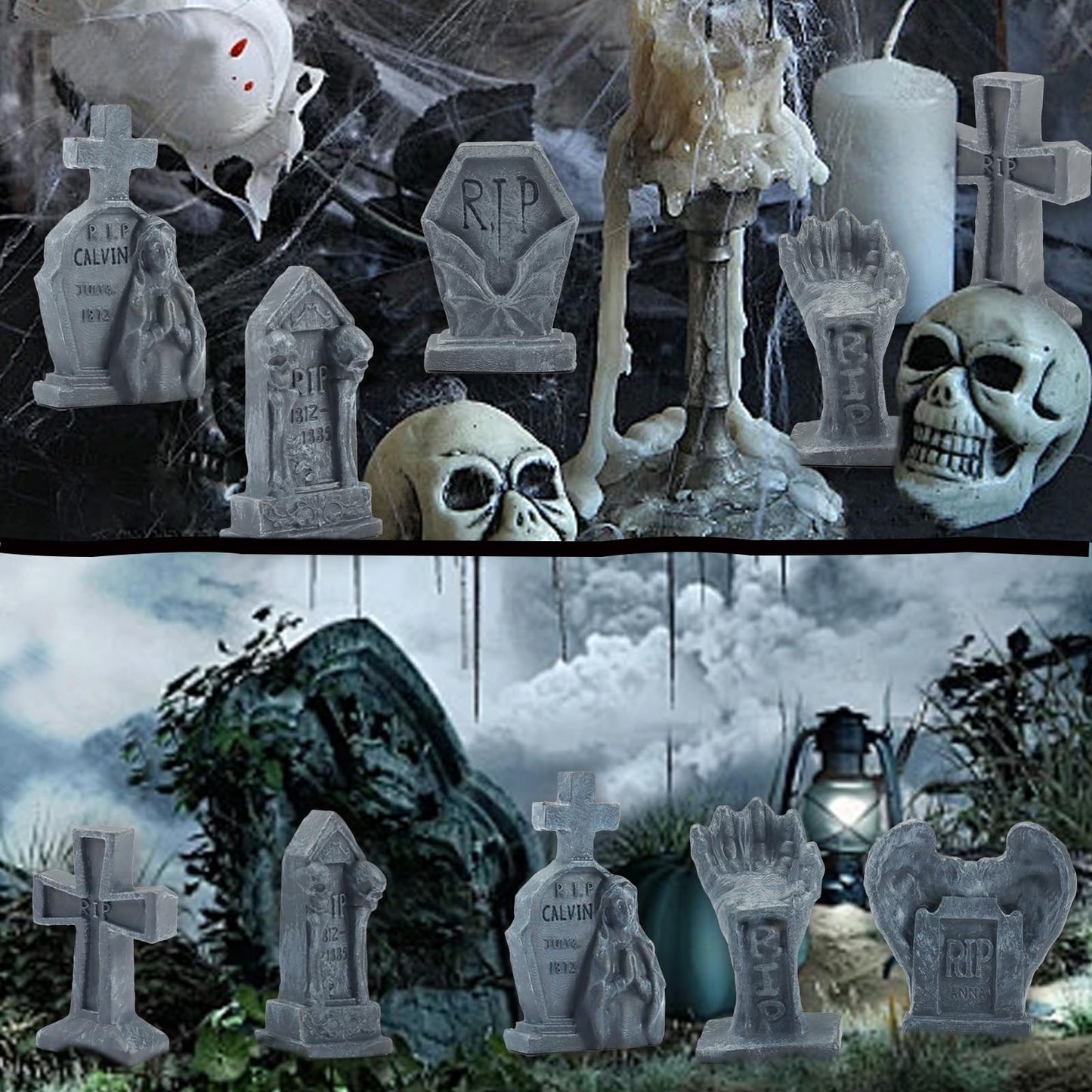 Bbiamsleep 12 Pcs Miniature Tombstones Figurine Mini Resin Tombstones Mini Gravestone Multiple Sizes Style For Mini House Graveyard Scene Diorama Crafts Halloween Decor Accessories, Gray