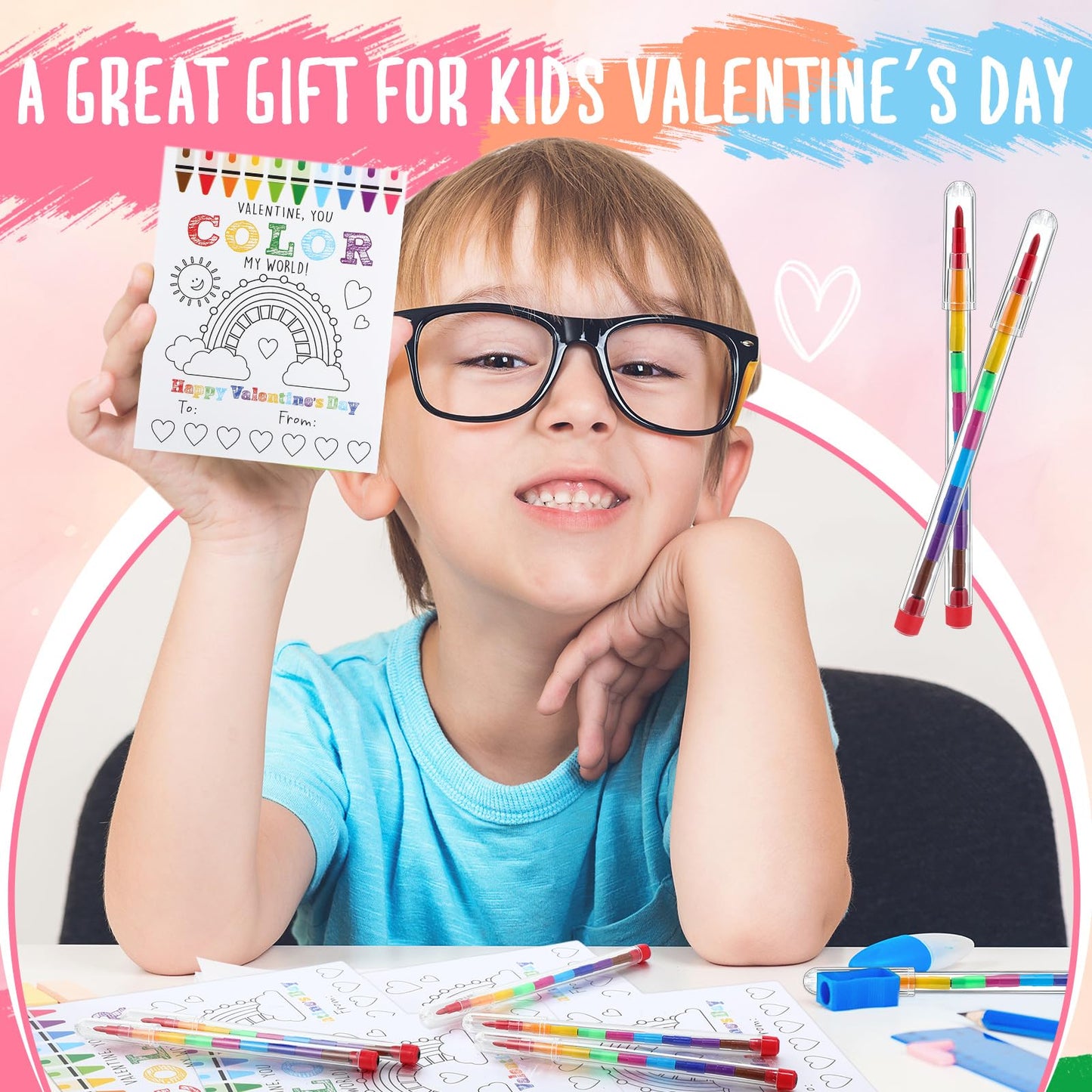 Weekgrat 24 Pcs Valentines Day Kids Gift Sets DIY Valentines Coloring Greeting Card 10 Color Stackable Crayon Valentines School