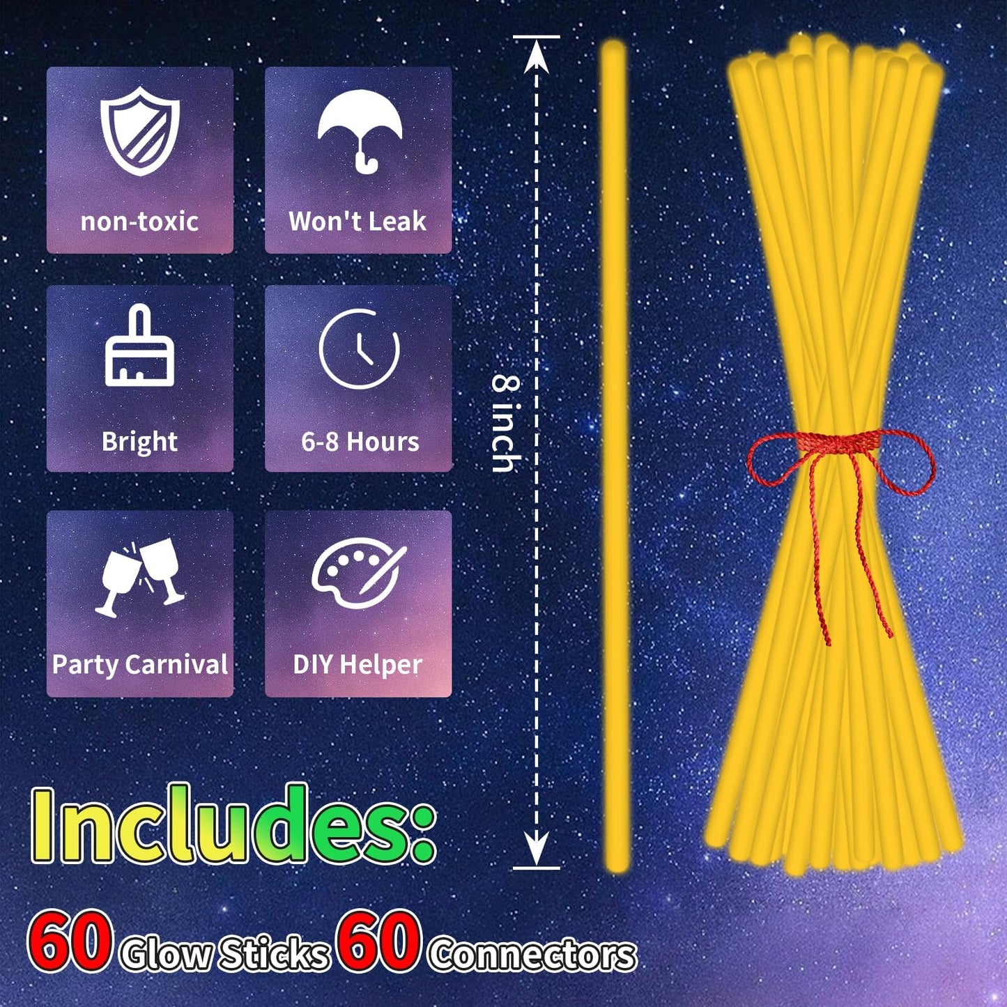 Taikula 60 Pack 8    Orange Glow Sticks Bulk with 60 Connectors Neon Glow In The Dark Party favors Supplies for Holiday Birthday