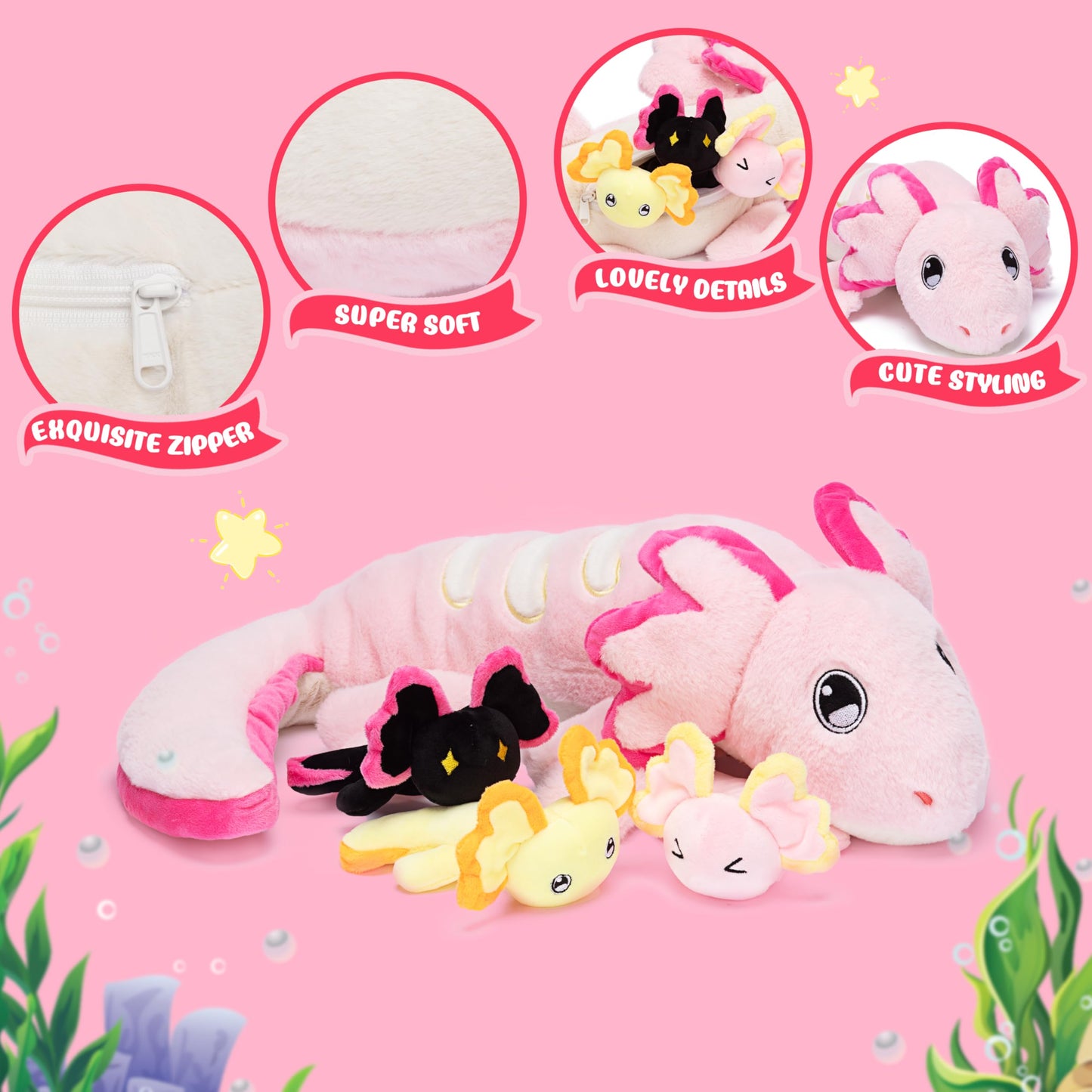Ikasa Mommy Axolotl Stuffed Animal Mom And Baby Plush Toy, Cute 20.5'' Soft Small Mama Family Set Cuddly Toys With Little Mini B