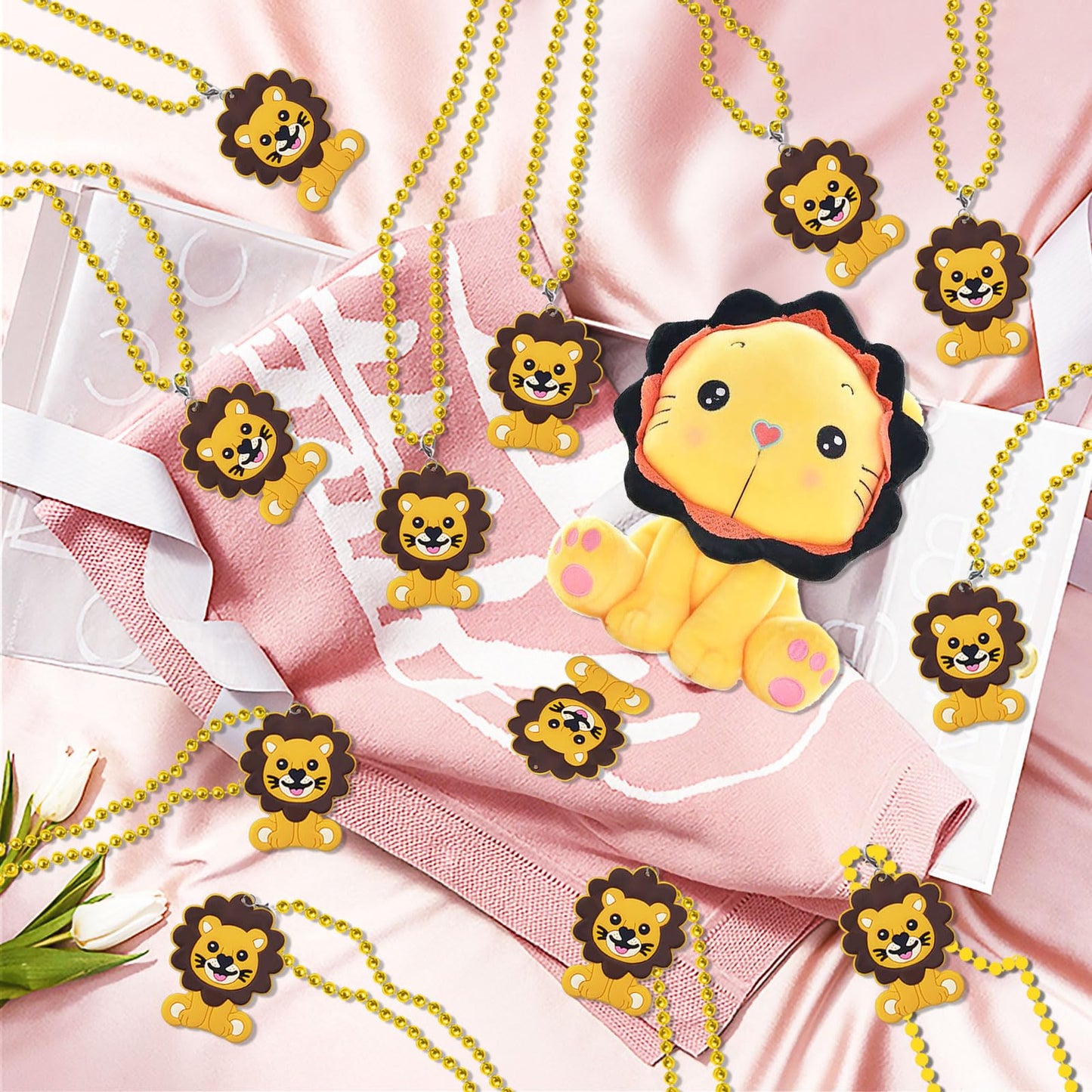 CiciBear 24 Pack Lion Necklace Party Favors with Mardi Gras Beads for Safari Jungle Animals Wild ONE Party Favors, Home Decorati