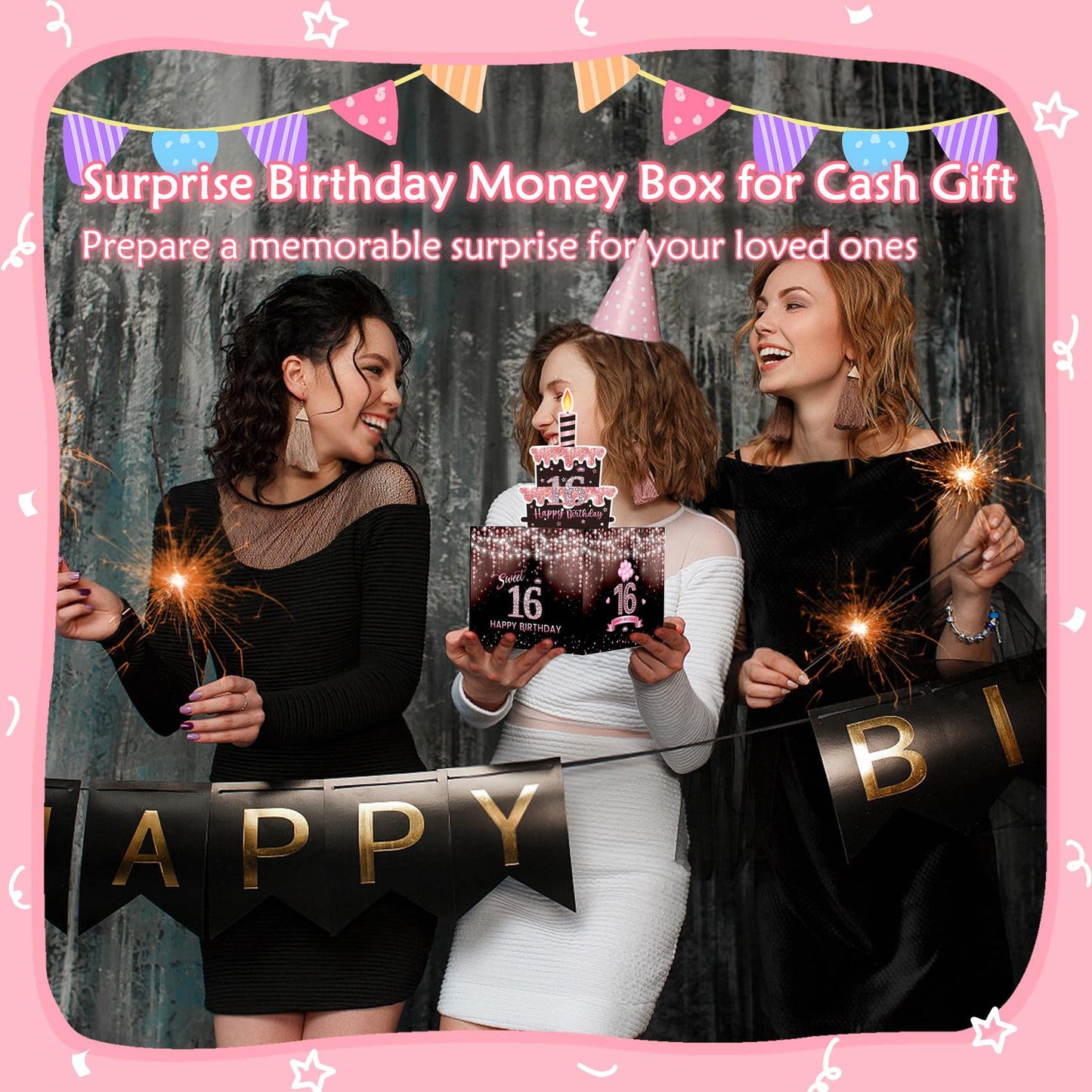 Meiidoshine Sweet 16Th Birthday Money Box For Cash Gift, Surprise Pull Out Money Gift Box With 100Pcs Transparent Bags - Fun Way
