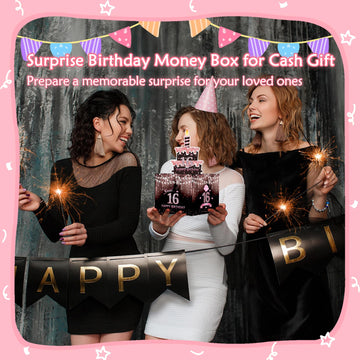 Meiidoshine Sweet 16Th Birthday Money Box For Cash Gift, Surprise Pull Out Money Gift Box With 100Pcs Transparent Bags - Fun Way