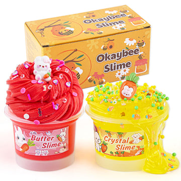 Okaybee 2 Pack Slime Kit With Red Butter Slime & Yellow Clear Slime For Kids, Slime Sensory Toys For Girls And Boys Ages 8-12, S