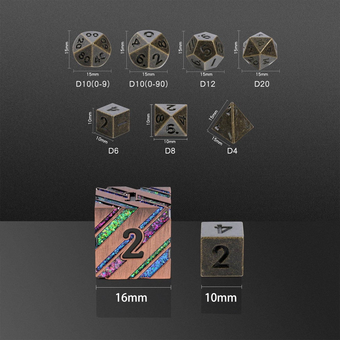 Mini D&D Dice Metal,DNDND 10mm Metallic D&D Dice Set with Gorgeous Gift Dice Box for Dungeons and Dragon DND Game (Brass)