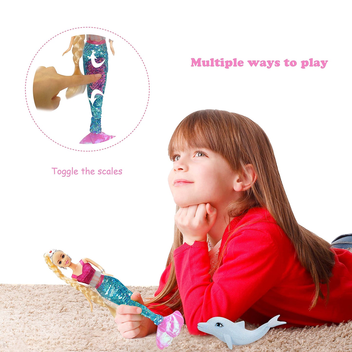 Bettina Mermaid Princess Doll Playset, Temperature Color Change Mermaid Tail, Dressing Up Doll 12'' And Crystal Light Red Dolphi