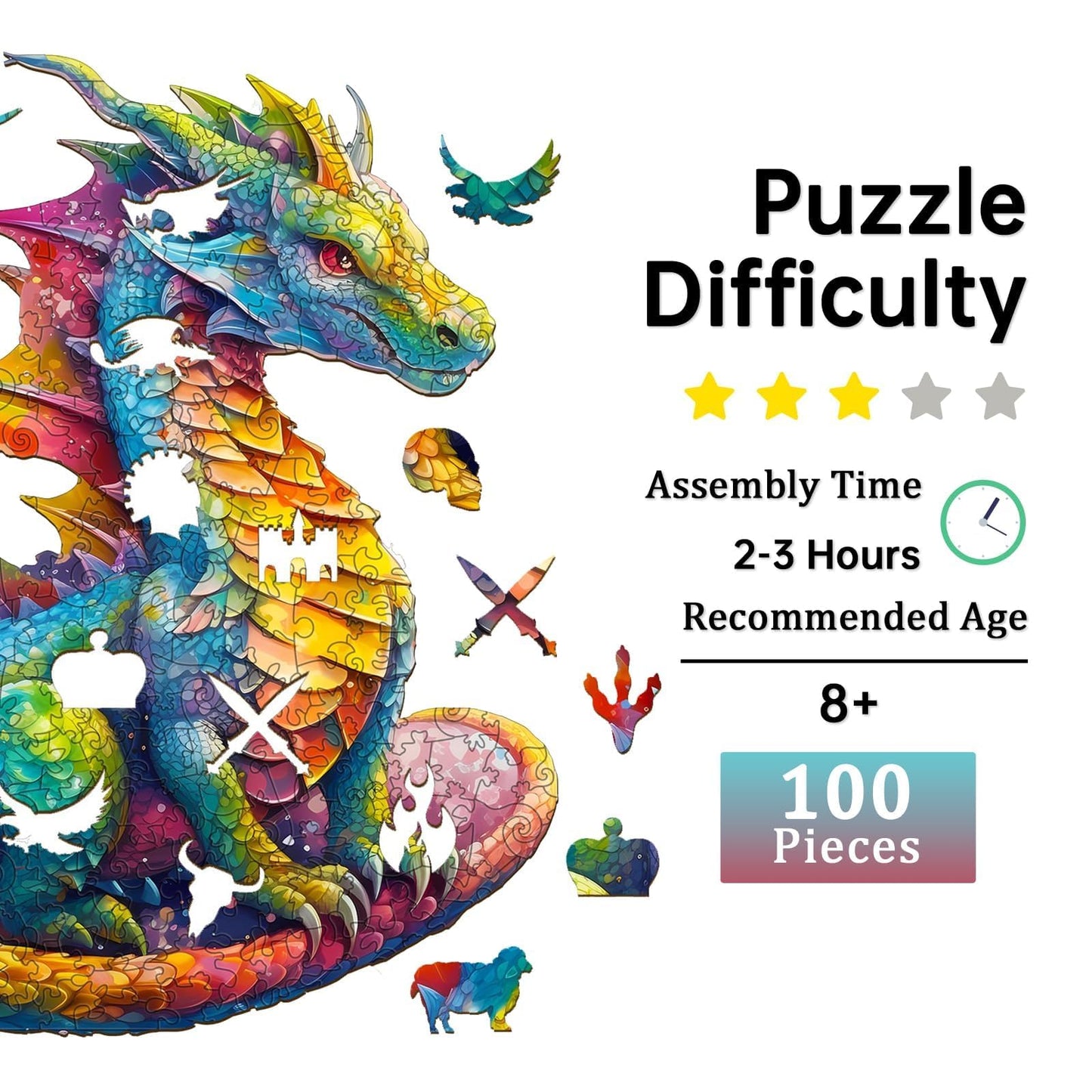 Jigfoxy Wooden Puzzle for Adults - Dragon Shaped Jigsaw, 100pcs, Small, Wood, Perfect Gift for Puzzle Lovers
