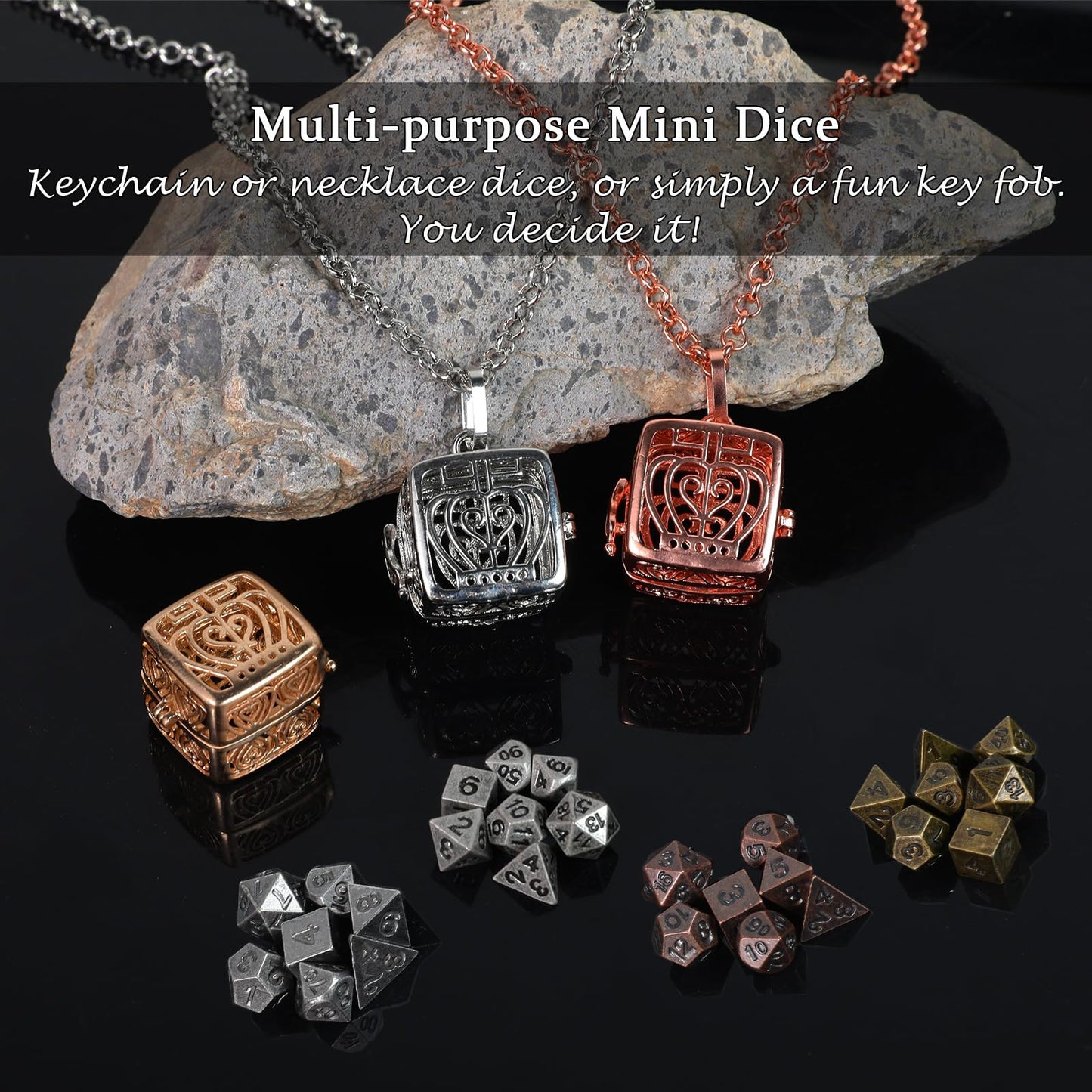 Xqidian Mini Dice Set With Copper Hollow Crown Necklace Dice Case Antique Tiny Small Metal Dnd Dice Set D&D Portable 7Pcs Keycha