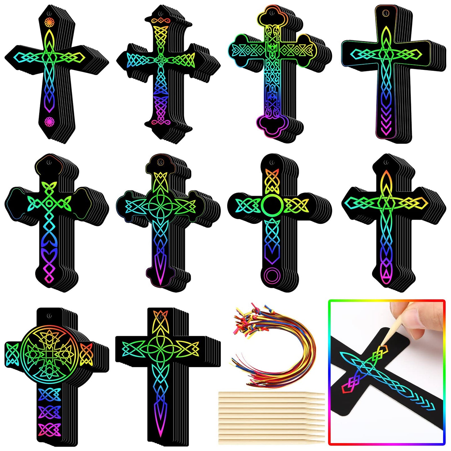 Chivao 80 Pcs Easter Scratch Cross Ornaments Rainbow Color Craft Kit Diy Scratch Paper Christian Gifts For Kids Sunday School Crafts Kids' Paper Craft Kits For Girls Boys With Wood Sticks Ribbons