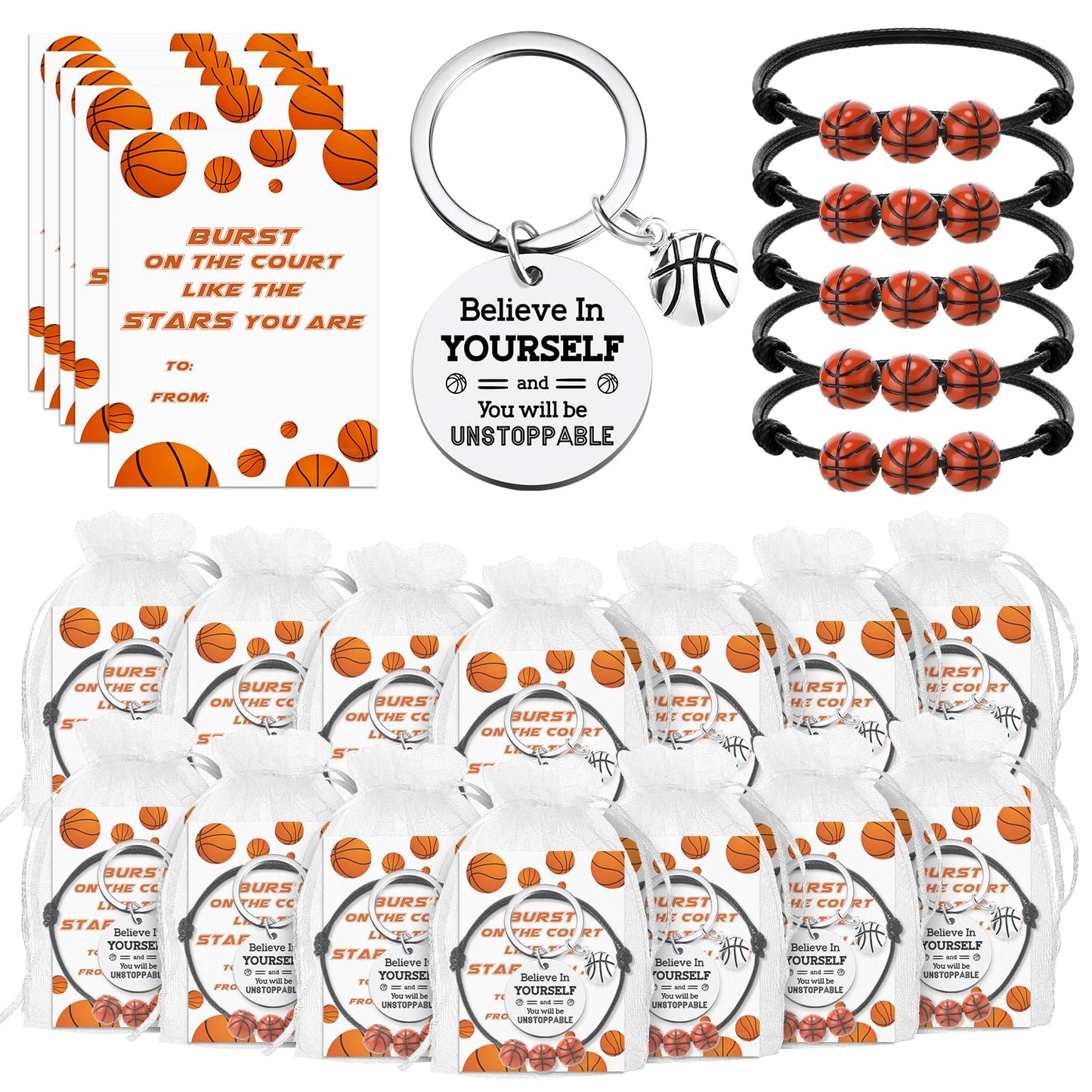 Ferreve 72 Pcs Basketball Party Favors Bulk Includes 18 Basketball Keychains 18 Bracelets 18 Inspirational Cards 18 White Organz