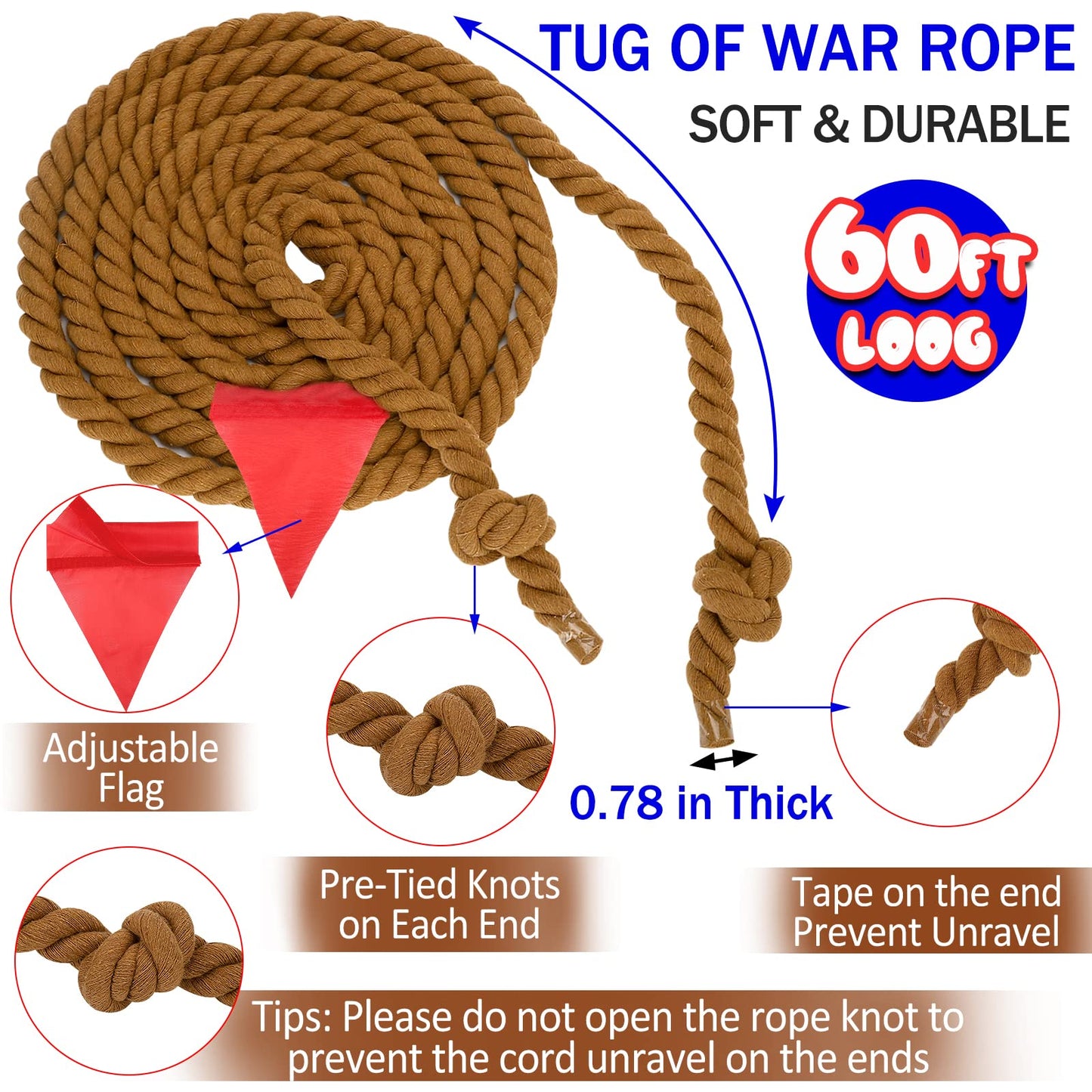 WYRJXYB Field Day Tug a War Rope Games 60FT for Kids and mature-themed  Outdoor Outside Activities Carnival Easter Games for Kids Family Reunion Birthday Party Lawn Picnic Yard Game for Team Building  Brown