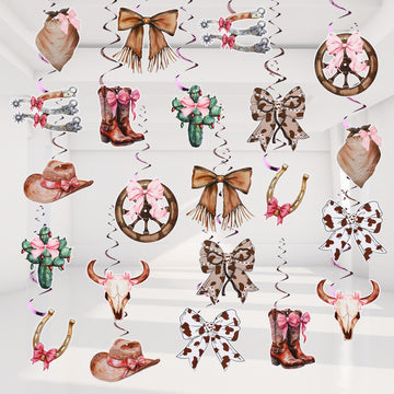 Affrolling 52 Pcs Cowgirl Coquette Bow Western Party Decorations Hanging Swirls Wild West Birthday Decor Bow Cowgirl Themed Swir