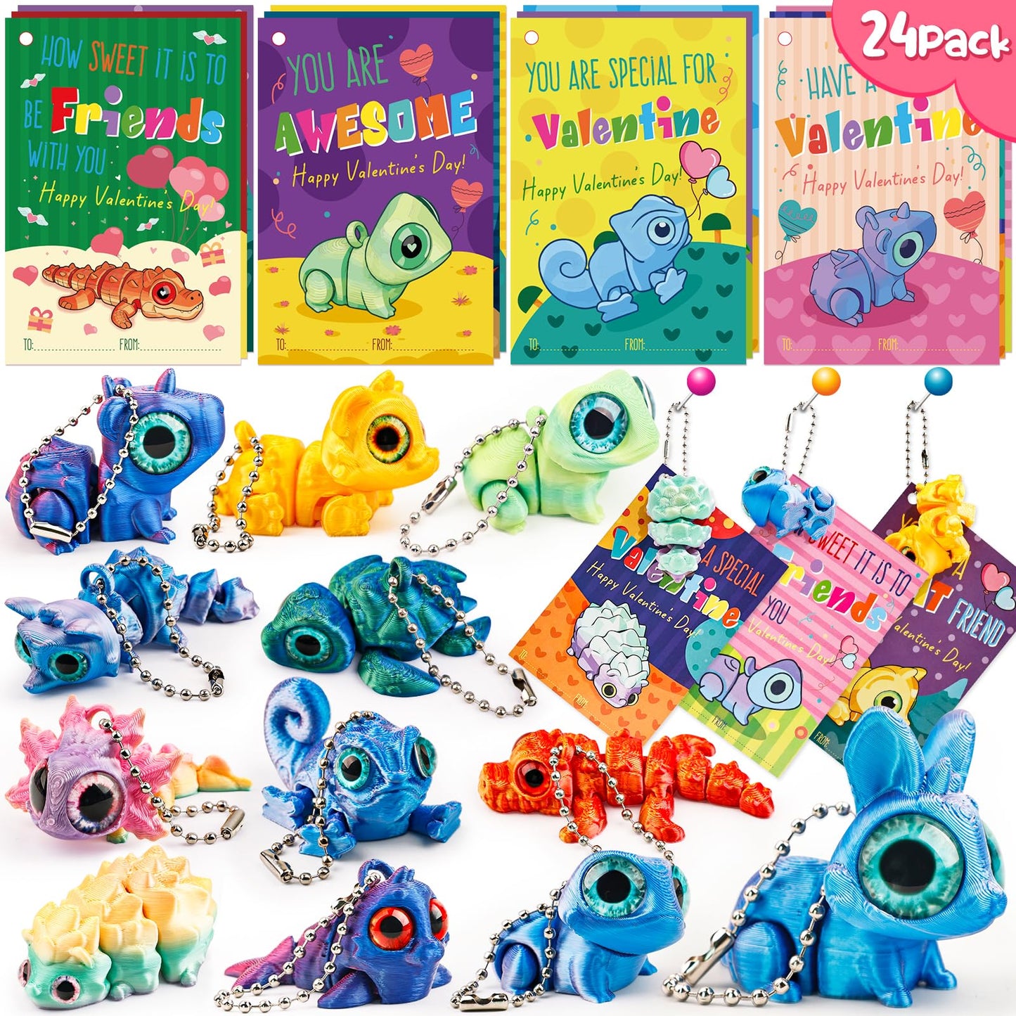 24 Pack Valentines Day Gifts Cards for Kids, Mini 3D Printed Animal Figurines with Valentines Cards for Kids Articulated Flexibl
