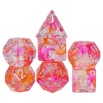 Udixi 7-Die Polyhedral Dice Set With Glitter And Orange Swirls Dnd Dice For Dungeons And Dragons Role Playing Games (Red Orange)