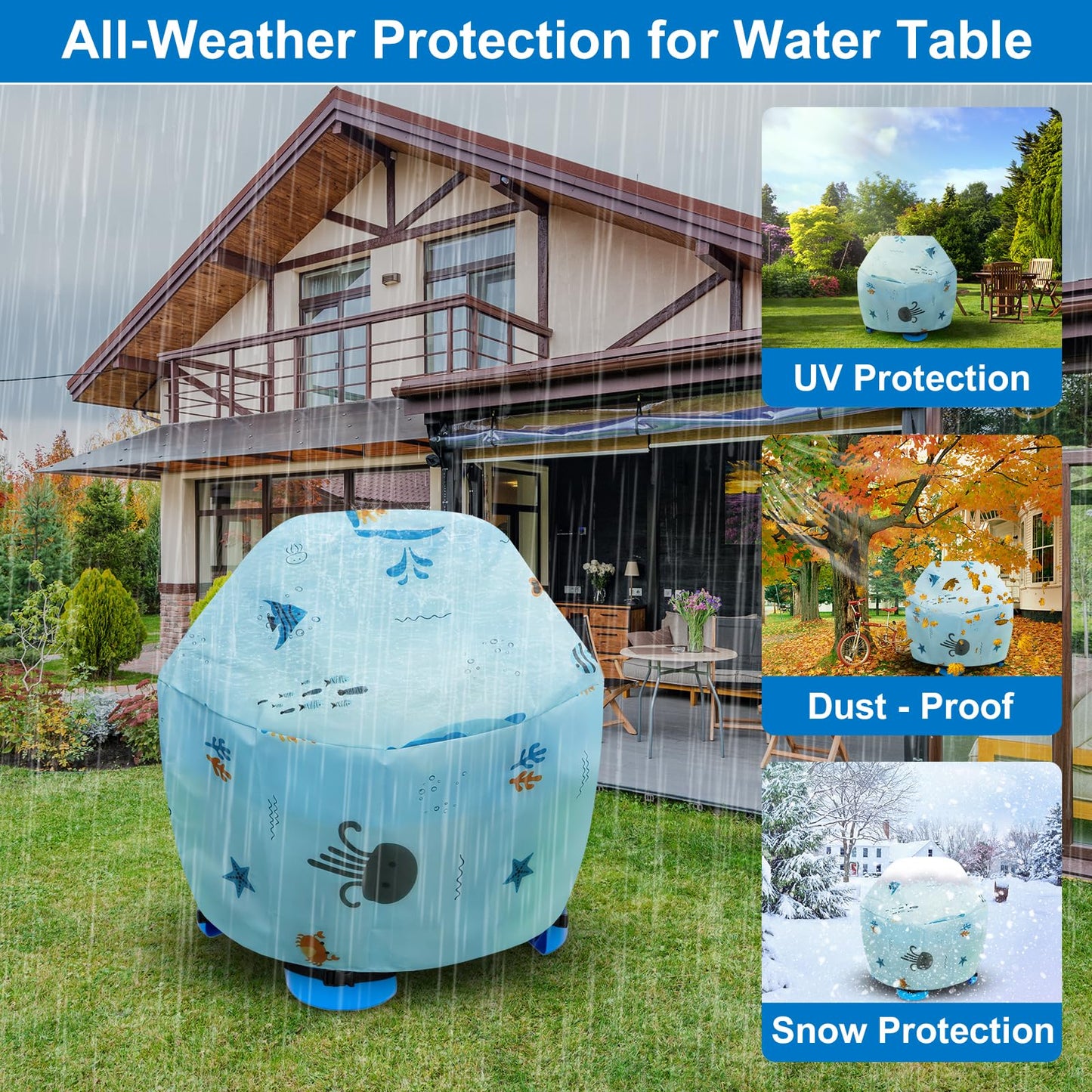 Kids Water Table Cover - Outdoor Fit Showers Splash Tower, Sand Table, Round Cover for Little Tikes - Blue