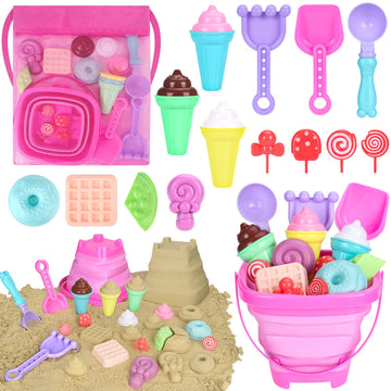 Collapsible Beach Toys Set for Kids Toddlers Girls, Collapsible Sand Bucket and Shovels Set with Mesh Bag & Sand Molds, Ice Crea