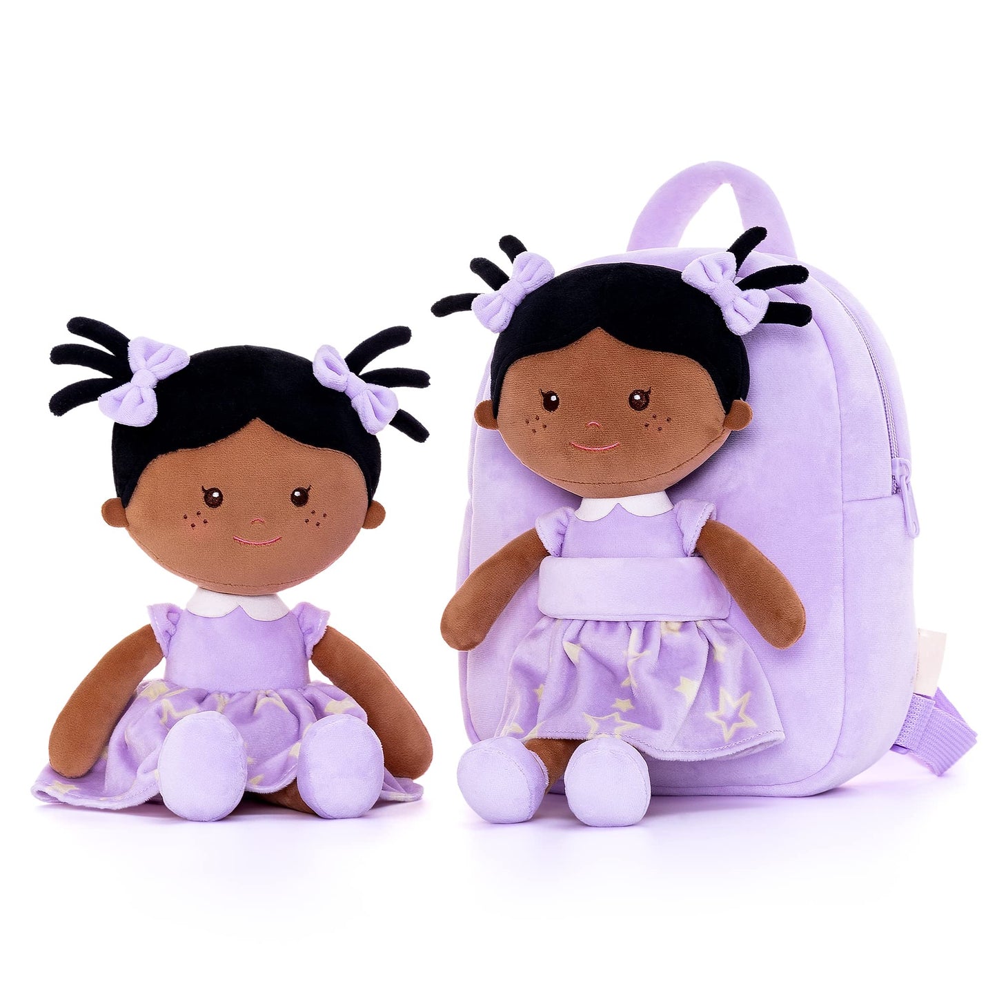 Onetoo Toddler Kids Backpack With Soft Tanned Baby Dolls In Purple Star Dress 9.5''