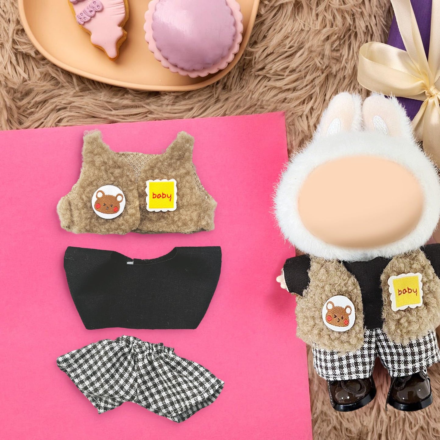 17cm Doll Clothes Labubu Clothes for 6.7inch(17cm) Dolls enhanced Doll Outfit with Hat and Accessories(Clothes Only) (Black Brown White)