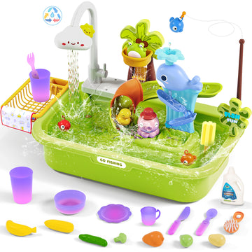 Play Sink With Running Water, Color Changing Play Sink With Upgraded Electric Faucet & Pump, Water Table For Toddlers 1-3, Prete